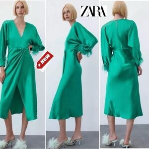 Zara Green satin affect feather wrist cuff draped wrap front midi dress V-neck M